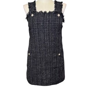 Entro Black White Tweed Frayed Strap Button Detail Mini Dress Women's L